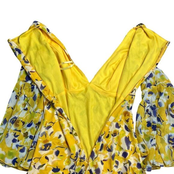 Ieena Mac Duggal Dress Womens 2 Yellow Floral  Mini Bell Sleeves Flowy Dainty - Picture 10 of 12